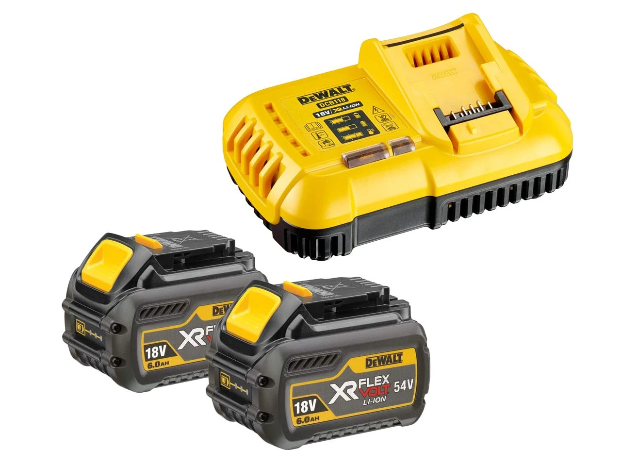 DeWalt DCB118T2 18V / 54V FlexVolt Li-Ion Accu Starterset (2x 6.0Ah) + Lader - DCB118T2-QW 1 DeWalt DCB118T2 18V / 54V FlexVolt Li-Ion Accu Starterset (2x 6.0Ah) + Lader - DCB118T2-QW