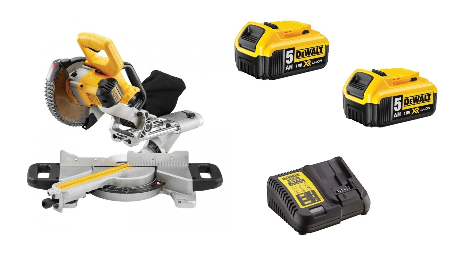 DeWalt DCS365P2 18V Li-Ion Accu Afkortzaag Set (2x 5,0Ah Accu) - 184 X 16mm 1 DeWalt DCS365P2 18V Li-Ion Accu Afkortzaag Set (2x 5,0Ah Accu) - 184 X 16mm