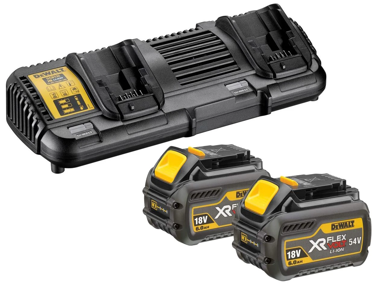 DeWalt DCB132T2 18V / 54V FlexVolt Li-Ion Accu Starterset (2x 6.0Ah) + Duolader - DCB132T2-QW 1 DeWalt DCB132T2 18V / 54V FlexVolt Li-Ion Accu Starterset (2x 6.0Ah) + Duolader - DCB132T2-QW