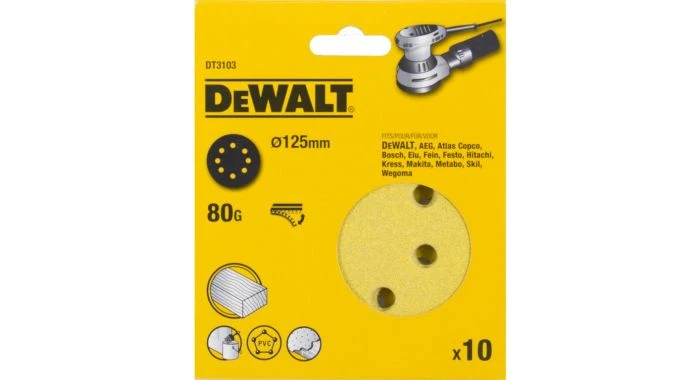 DeWalt DT3103 Schuurschijf - K80 - 125mm (10st) - DT3103-QZ 1 DeWalt DT3103 Schuurschijf - K80 - 125mm (10st) - DT3103-QZ