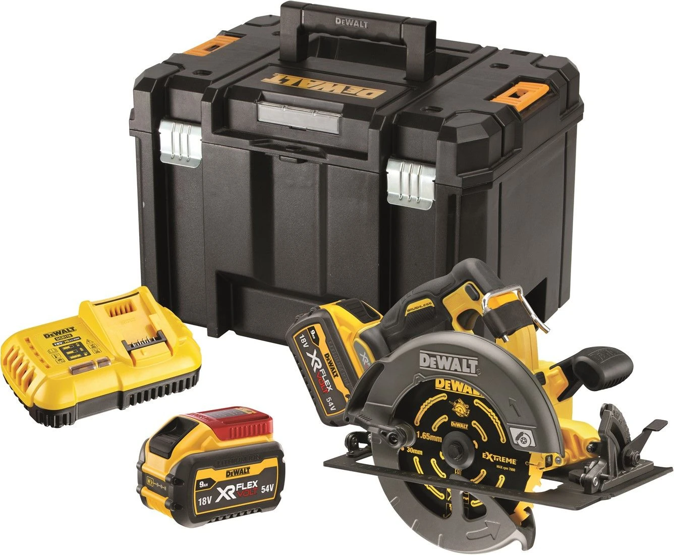 DeWALT DCS578X2-QW 54V Li-ion FlexVolt Accu Cirkelzaag Set (2x 9.0Ah) In TSTAK Koffer - 190 Mm 1 DeWALT DCS578X2-QW 54V Li-ion FlexVolt Accu Cirkelzaag Set (2x 9.0Ah) In TSTAK Koffer - 190 Mm